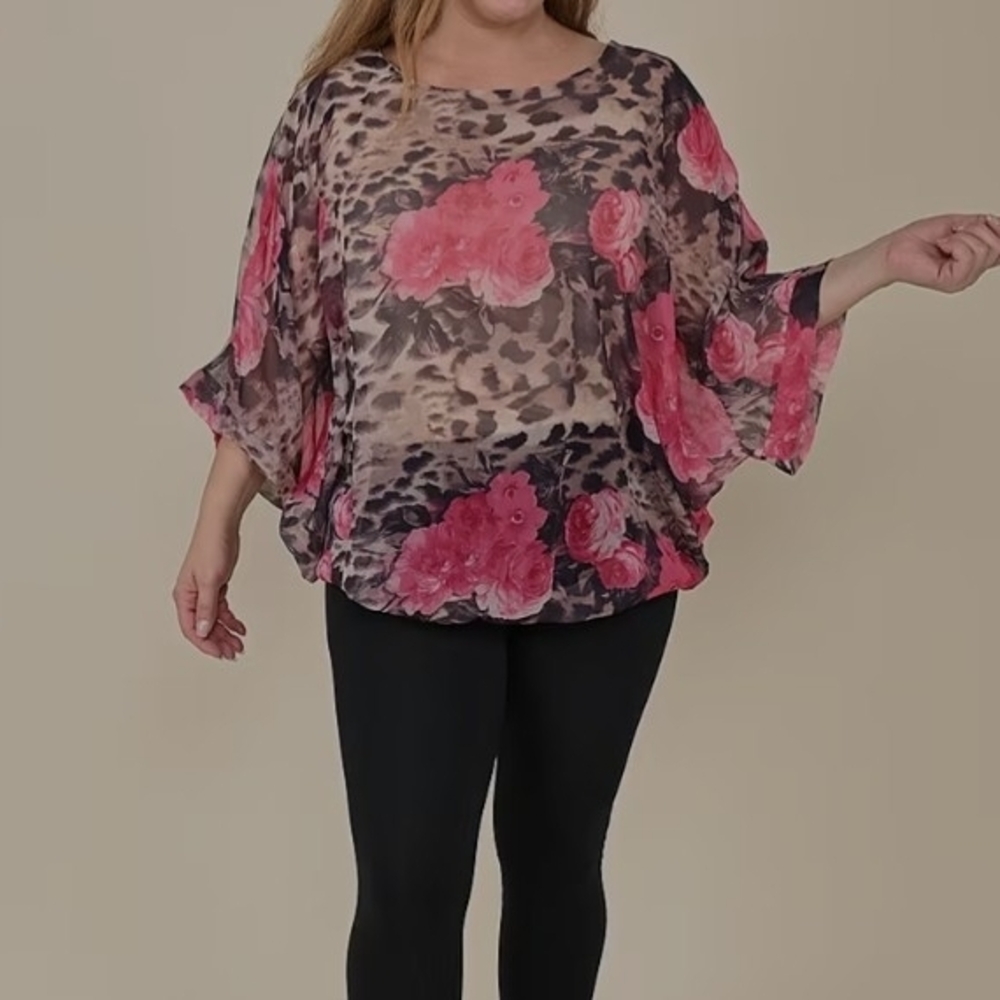 Tamsy Tan Leopard and Pink Floral Pattern Blouse